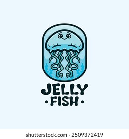 Jellyfish cartoon character and cute mascot illustration logo template vector design