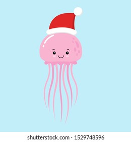 Jellyfish cartoon character. A Cute pink Jellyfish wearing Santa Claus hat standing on marine blue background. Flat design Vector illustration for Merry Christmas and Happy New Year invitation card.