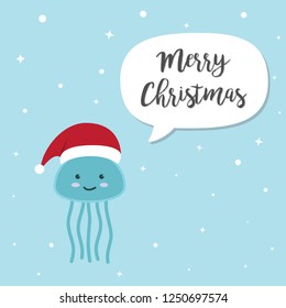 Jellyfish cartoon character. A Cute Jellyfish wearing Santa Claus hat standing on marine blue background.Flat design Vector illustration for Merry Christmas and Happy New Year invitation card.