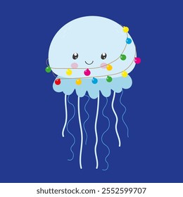 Jellyfish cartoon character. Happy new year vector illustration