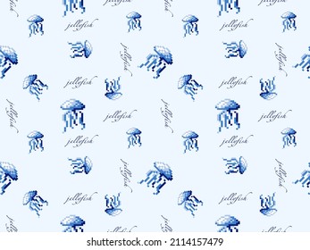 Jellyfish cartoon character seamless pattern on blue background.Pixel style