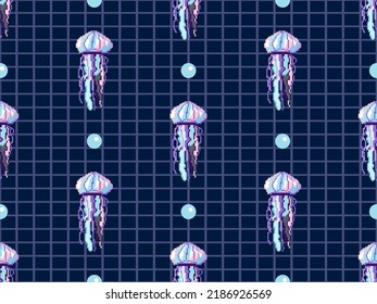 Jellyfish cartoon character seamless pattern on blue background. Pixel style