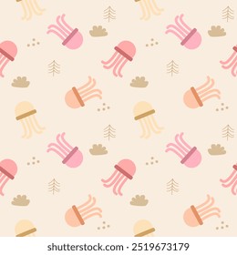 Jellyfish cartoon so cute. On orange pink yellow color jellyfish background. Pattern seamless vector illustration. 
