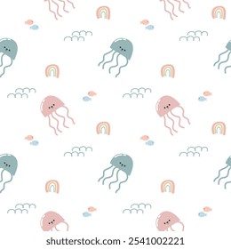 Jellyfish cartoon so cute. On rainbow fish white background. Pattern seamless vector illustration. 
