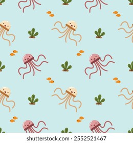 Jellyfish  cartoon so cute. On seaweed fish light blue background. Pattern seamless vector illustration. 