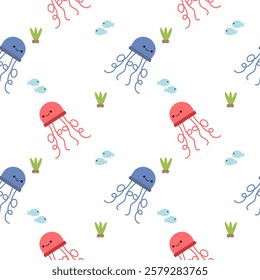 Jellyfish cartoon so cute. On seaweed fish white background. Pattern seamless vector illustration. 