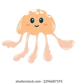 Jellyfish. Cartoon funny pink jellyfish. Ocean kawaii animal, underwater life. Simple minimal modern sticker for children clothes design, banner, card. Cute kid's cartoon vector illustration