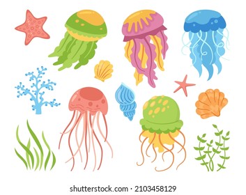 Jellyfish Cartoon Hand Drawn Set. Ocean Marine Undersea Jelly Medusa, Seaweed, Mollusk, Shell Conch And Jellyfish. Tropical Under Water Design Elements Flat Sea Collection. Vector Illustration