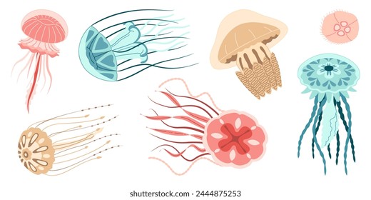 Jellyfish cartoon icon collection. Medusa trendy flat style icon set. Isolated on white background. Vector illustration