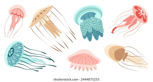 Jellyfish cartoon icon collection. Medusa trendy flat style icon set. Isolated on white background. Vector illustration