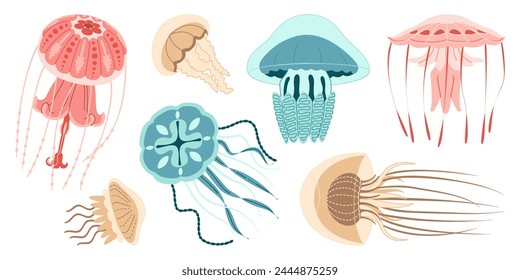 Jellyfish cartoon icon collection. Medusa trendy flat style icon set. Isolated on white background. Vector illustration