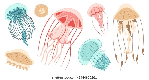 Jellyfish cartoon icon collection. Medusa trendy flat style icon set. Isolated on white background. Vector illustration