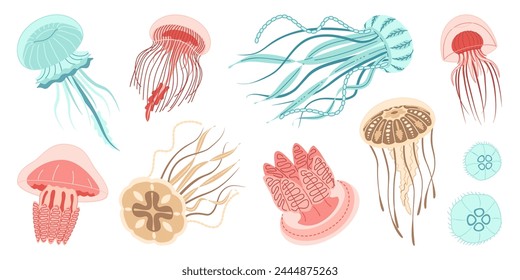 Jellyfish cartoon icon collection. Medusa trendy flat style icon set. Isolated on white background. Vector illustration