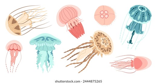 Jellyfish cartoon icon collection. Medusa trendy flat style icon set. Isolated on white background. Vector illustration