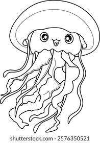 Jellyfish cartoon line art for coloring book pqges