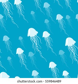 Jellyfish cartoon seamless pattern. Jellyfishes swimming in ocean flat vector illustration. Tropical aquatic fauna For wrapping-paper, cards, prints on fabric, kid's books illustrating