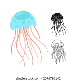 Jellyfish cartoon or stamp, doodle outline symbol set. Ocean marine undersea jelly medusa stencil printing, contour. Tropical under water sea design elements. Vector illustration