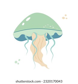 Jellyfish cartoony flat decoration. Hand-drawn poisonous medusa, marine oceanic inhabitant, simple nautical character design. Isolated. Vector illustration.