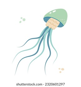 Jellyfish cartoony flat decoration. Hand-drawn poisonous medusa, marine oceanic inhabitant, simple nautical character design. Isolated. Vector illustration.