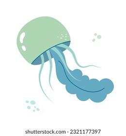 Jellyfish cartoony flat decoration. Hand-drawn poisonous medusa, marine oceanic inhabitant, simple nautical character design. Isolated. Vector illustration.