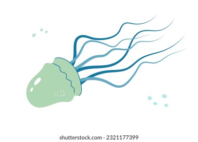 Jellyfish cartoony flat decoration. Hand-drawn poisonous medusa, marine oceanic inhabitant, simple nautical character design. Isolated. Vector illustration.