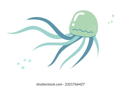 Jellyfish cartoony flat decoration. Hand-drawn poisonous medusa, marine oceanic inhabitant, simple nautical character design. Isolated. Vector illustration.