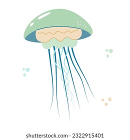 Jellyfish cartoony flat decoration. Hand-drawn poisonous medusa, marine oceanic inhabitant, simple nautical character design. Isolated. Vector illustration.