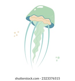 Jellyfish cartoony flat decoration. Hand-drawn poisonous medusa, marine oceanic inhabitant, simple nautical character design. Isolated. Vector illustration.