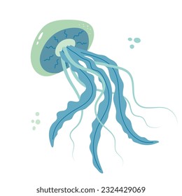 Jellyfish cartoony flat decoration. Hand-drawn poisonous medusa, marine oceanic inhabitant, simple nautical character design. Isolated. Vector illustration.