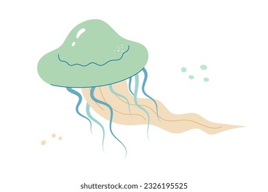 Jellyfish cartoony flat decoration. Hand-drawn poisonous medusa, marine oceanic inhabitant, simple nautical character design. Isolated. Vector illustration.