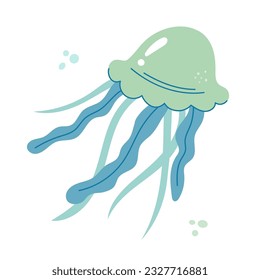 Jellyfish cartoony flat decoration. Hand-drawn poisonous medusa, marine oceanic inhabitant, simple nautical character design. Isolated. Vector illustration.