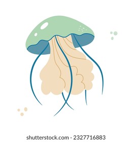 Jellyfish cartoony flat decoration. Hand-drawn poisonous medusa, marine oceanic inhabitant, simple nautical character design. Isolated. Vector illustration.