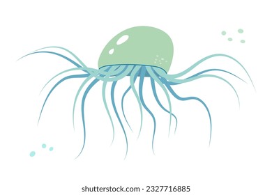 Jellyfish cartoony flat decoration. Hand-drawn poisonous medusa, marine oceanic inhabitant, simple nautical character design. Isolated. Vector illustration.