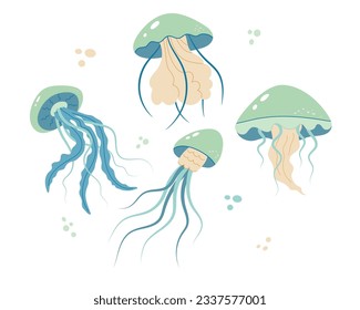 Jellyfish cartoony flat decoration set. Hand-drawn poisonous medusa, marine oceanic inhabitant, simple nautical character design. Isolated. Vector illustration.