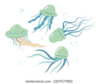 Jellyfish cartoony flat decoration set. Hand-drawn poisonous medusa, marine oceanic inhabitant, simple nautical character design. Isolated. Vector illustration.