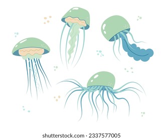 Jellyfish cartoony flat decoration set. Hand-drawn poisonous medusa, marine oceanic inhabitant, simple nautical character design. Isolated. Vector illustration.