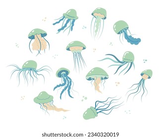 Jellyfish cartoony flat decoration set. Hand-drawn poisonous medusa, marine oceanic inhabitant, simple nautical character design. Isolated. Vector illustration.