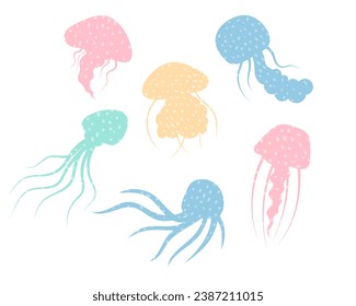 Jellyfish cartoony flat decoration set. Hand-drawn poisonous textured medusa, marine oceanic inhabitant, simple nautical character design. Isolated. Vector illustration.