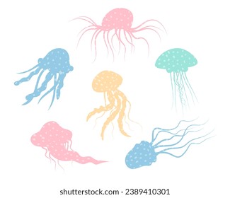 Jellyfish cartoony flat decoration set. Hand-drawn poisonous textured medusa, marine oceanic inhabitant, simple nautical character design. Isolated. Vector illustration.