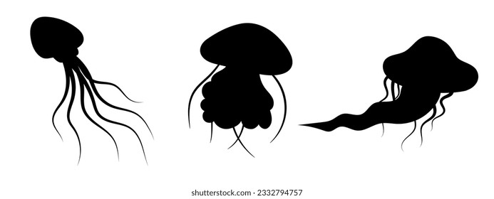 Jellyfish cartoony silhouette decoration set. Hand-drawn poisonous medusa, marine oceanic inhabitant, simple nautical design. Isolated. Vector illustration.