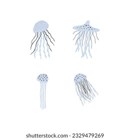 Jellyfish Character sea animal on deep background. Wild life illustration. Vector illustration.