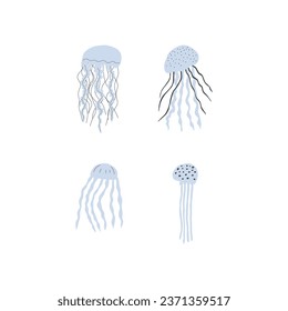 Jellyfish Character sea animal on deep background. Wild life illustration. Vector illustration.