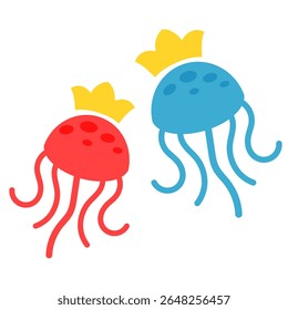 Jellyfish clip art red and blue colour with crown. Cute cartoon jellyfishes isolated on white background. Sea animals illustration
