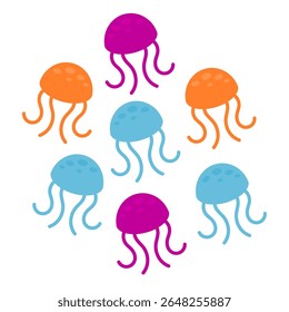 Jellyfish clip art various colour. Cute cartoon jellyfishes isolated on white background. Sea animals illustration