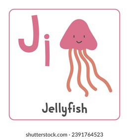 Jellyfish clipart. Jellyfish vector illustration cartoon flat style. Animals start with letter J. Animal alphabet card. Learning letter J card. Kids education. Cute jellyfish vector design