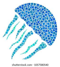 Jellyfish collage of dots in various sizes and color hues. Round dots are composed into jellyfish vector illustration. Vector design concept.