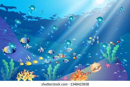 jellyfish and colorful fish in the ocean