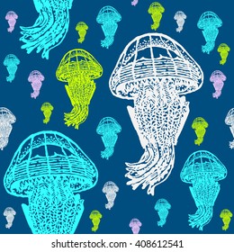 Jellyfish colorful seamless vector pattern. Realistic engraved style of jellyfishes on blue background.