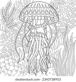 Jellyfish coloring page. Underwater colouring design.