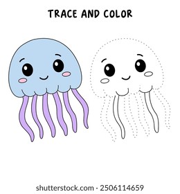 Jellyfish coloring pages for kids. Trace and color jellyfish. Coloring page outline of jellyfish. Jellyfish tracing worksheet. Kindergarten and preschool activity.